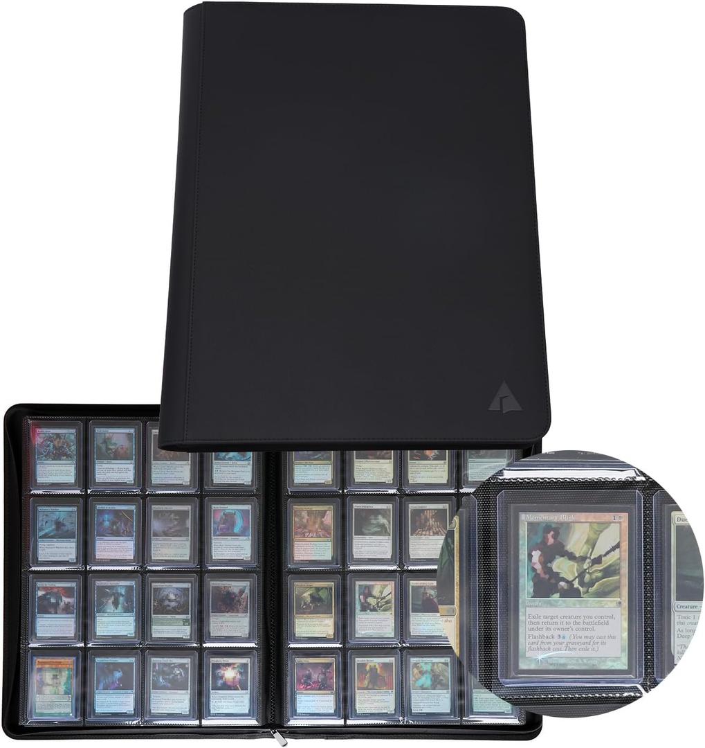 Rayvol 16-Pocket Toploader Binder, Holds 512 Toploaders 16 Pocket Top Loader Card Storage Case, 500 + Ringless Double-Sided Pockets for Cards in 3 x 4'' Toploaders (Black)