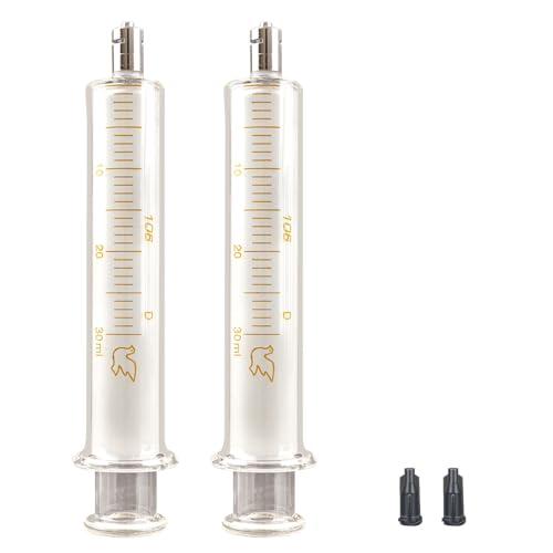 Jiaxix 2 Pack 30ml/cc Glass Syringe With Metal Head and Caps for Liquid,Small Syringe for Oil or Glue Applicator,No Needle