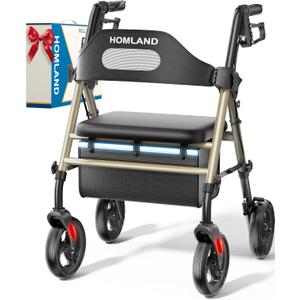 Foldable Rollator Walkers with Seat for Seniors, 8'' Big Wheels, 350 lb. Weight Capacity, Adjustable Handles and Seat Height, Lightweight Rolling Walker, Gold
