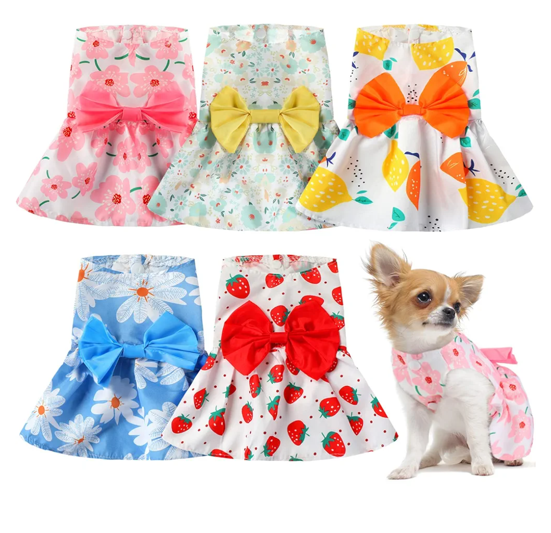 5 Pieces Dog Clothes Girl Dog Dresses Floral Puppy Dresses Pet Cat Princess Bowknot Clothes Cute Puppy Summer Outfits for Yorkie Female Cat Pets, 5 Styles XS
