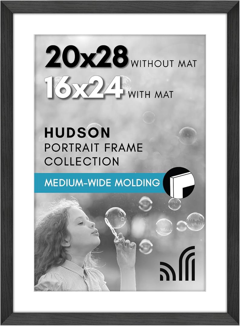 Americanflat 20x28 Picture Frame with Polished Plexiglass - Use as 16x24 Frame with Mat or Display 20x28 Photo Without Mat - Hudson Collection - Wide Picture Frames for Wall Display - Black