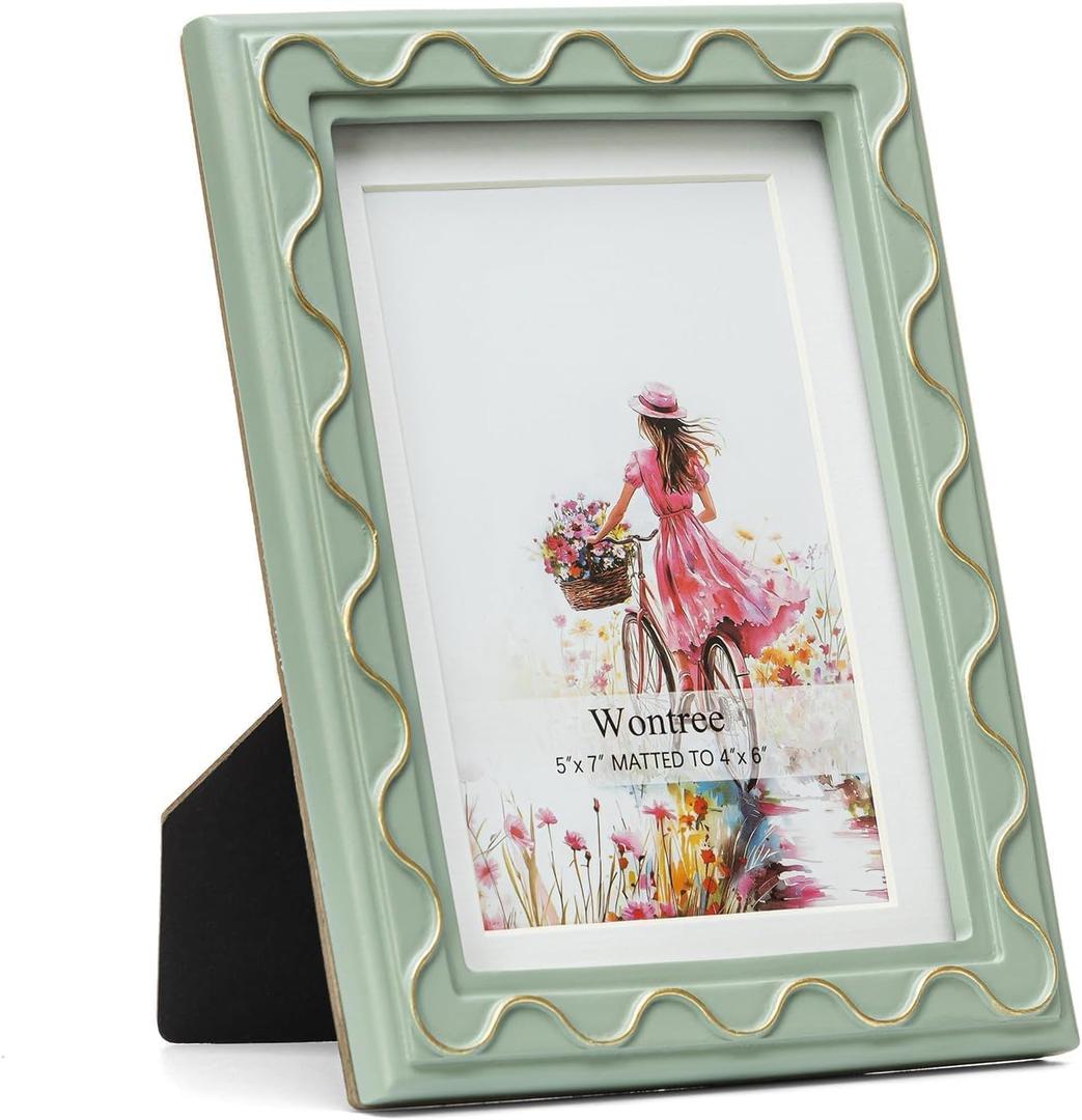 5x7 Picture Frame, Shinning Gold Swirls Against Sage-like Green, Resin Frame with Real Glass, Display 5x7 Photos Matted to 4x6, Vertical and Horizontal Desk Tabletop or Wall Hanging