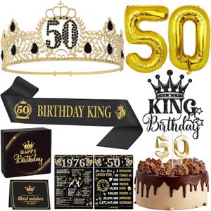 50th Birthday Decorations for Men, 10 Pcs 50 Year Old Happy Birthday Crown Party Gifts 1976 Sash Tiara Balloons Cake Topper and Candles King Black Gold Decor Supplies
