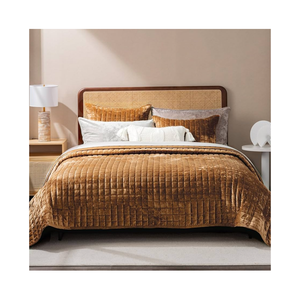 RECYCO Luxury Velvet Quilt Set Full Queen Size Bedding Sets, Ultra Soft Velvet Comforter Set, Lightweight Channel Box Stitch Oversized Bedspread Coverlet for All Season, with 2 Shams, Caramel Gold