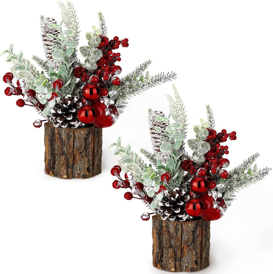 Small Christmas Tree Tabletop Artificial Mini Christmas Tree Decorations with Holiday Ornaments Red Berry Pine Cone Greenery for Home Indoor Fireplace Mantel Xmas Decor (2pcs -Tree Stump-Red)