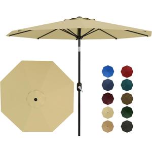9ft Patio Umbrella, Table Umbrella Outdoor Patio with Crank Lift & Push Button Tilt, 8 Sturdy Ribs for Yard, Deck, Pool -Beige
