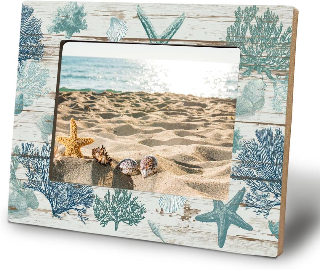 WHCHJ Coastal Beach 5x7 Picture Frame, Gifts for Ocean Lovers, Beach Photo Frame, Rustic Coral Starfish Shells Nautical Wood Frames for Wall or Tabletop Display, Retro Ocean Starfish