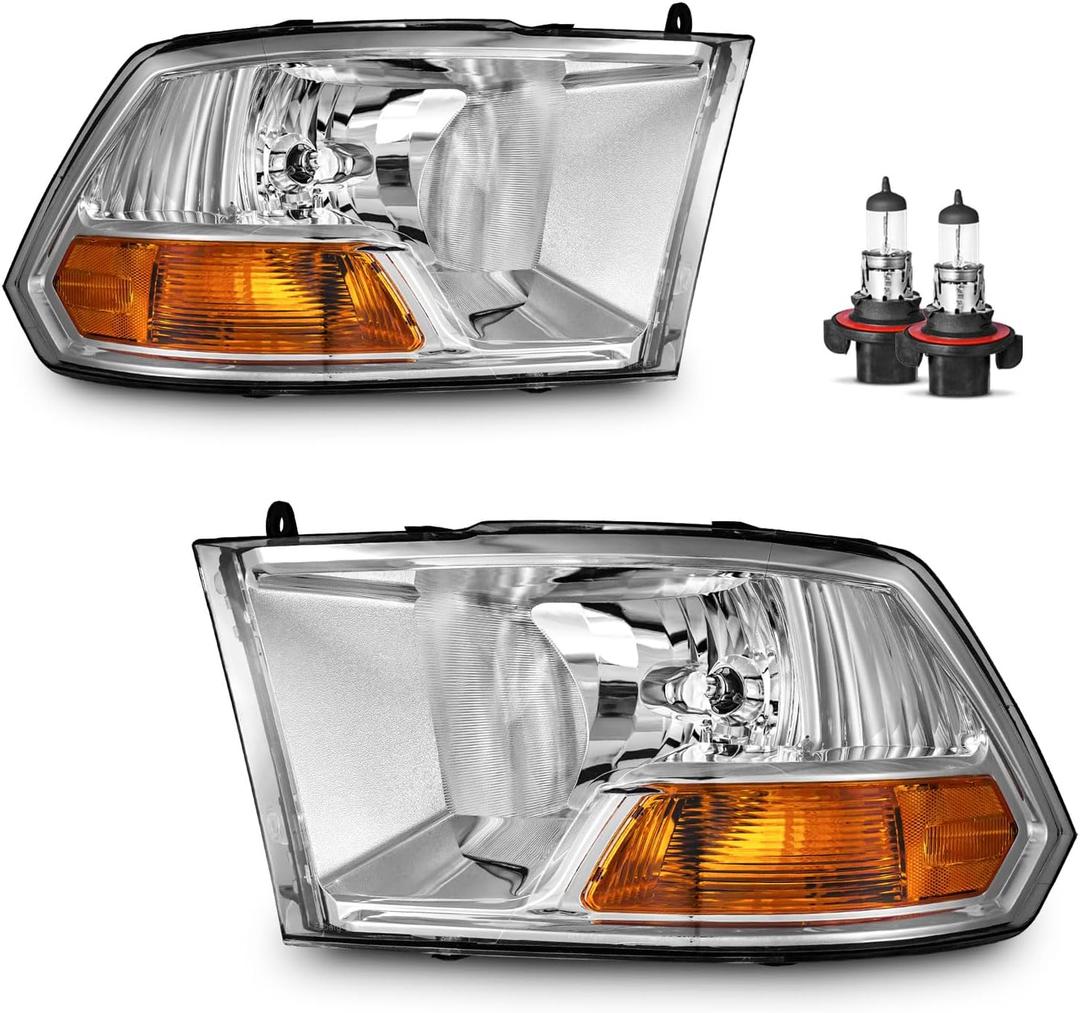 Headlights for 2009-2018 Dodge Ram 1500, 2010-2018 Dodge Ram 2500/3500 (Classic Body Styles Only, Does Not Fit Quad Beam or LED Projector Models) (OE Replacement, Clear Lens I Chrome Housing I Amber Reflector)