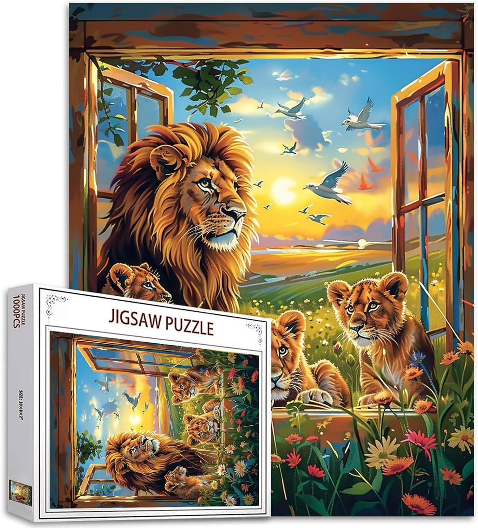 Animal Family Jigsaw Puzzles 1000 Pieces for Adults, Families (Lions, Birds, Flowers, Sunset, Tropical Plants) Pieces Fit Together Perfectly 19.7''x27.6''inch Window Landscape Magic Puzzle Art Gift