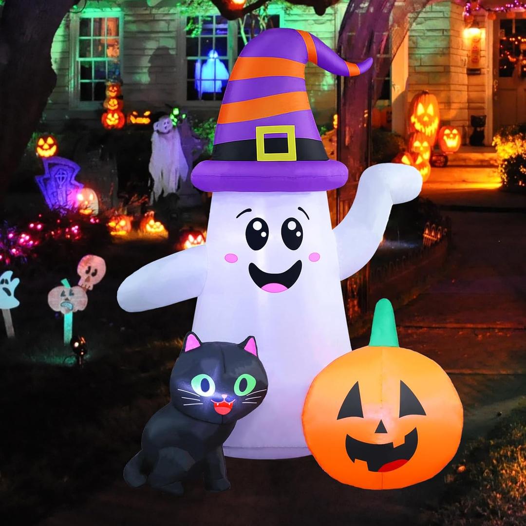 5 FT Halloween Inflatables, Cute Halloween Decorations Outdoor Ghost Inflatables, Blow Up Wizard Ghost with Pumpkin Black Cat for Garden Lawn Indoor Party Decor