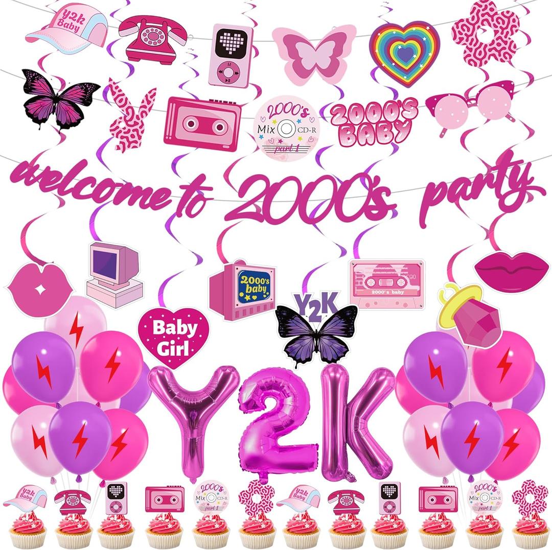 2000s Y2K Party Birthday Decorations - 44 Pcs Pink Early 2000s Theme Party Banners Hanging Swirls Cake Toppers Balloons Decor Rainbow Hearts Retro Elements for Women Birthday Bachelorette Supplies