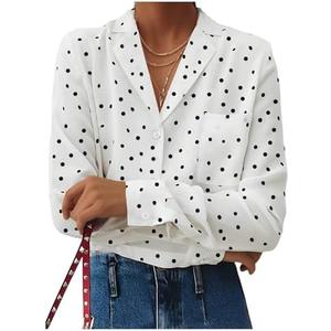 Verdusa Women's Polka Dots Button Down Blouse Long Sleeve Collar V Neck Work Office Dressy Shirts Black and White X-Large