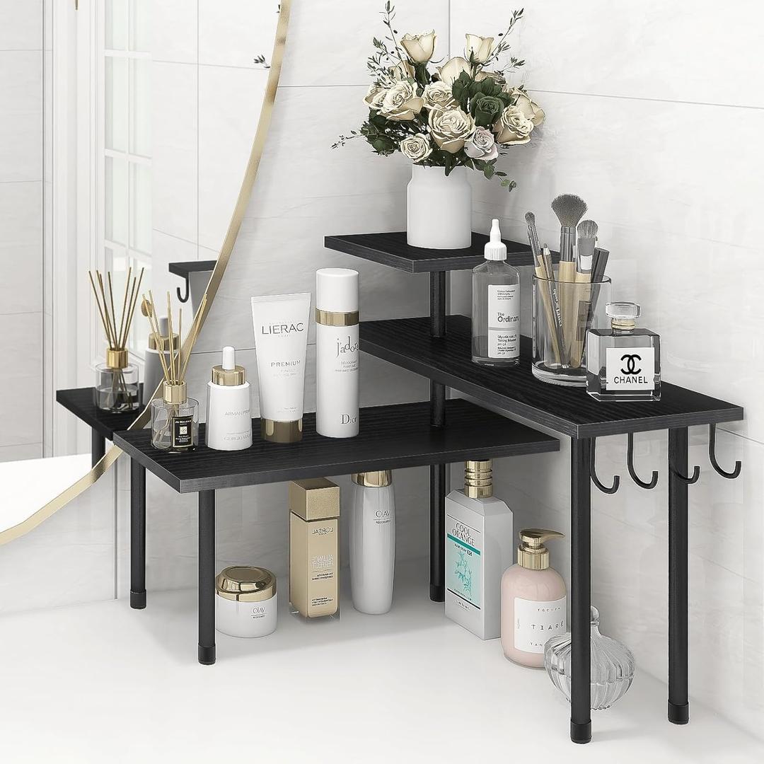 Homode Bathroom Counter Organizer Corner Shelf, Kitchen Countertop Organizer, 3 Tier Wood Counter Shelf Stand for Over The Sink, Coffee Station, Desktop, Black (Black, With Hooks)