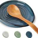 Ceramic Spoon Rest for Stove Top, Spoon Holder for Kitchen Counter, Farmhouse Cooking Utensil Holder for Spoons, Ladles, Spatula, Glazed Blue