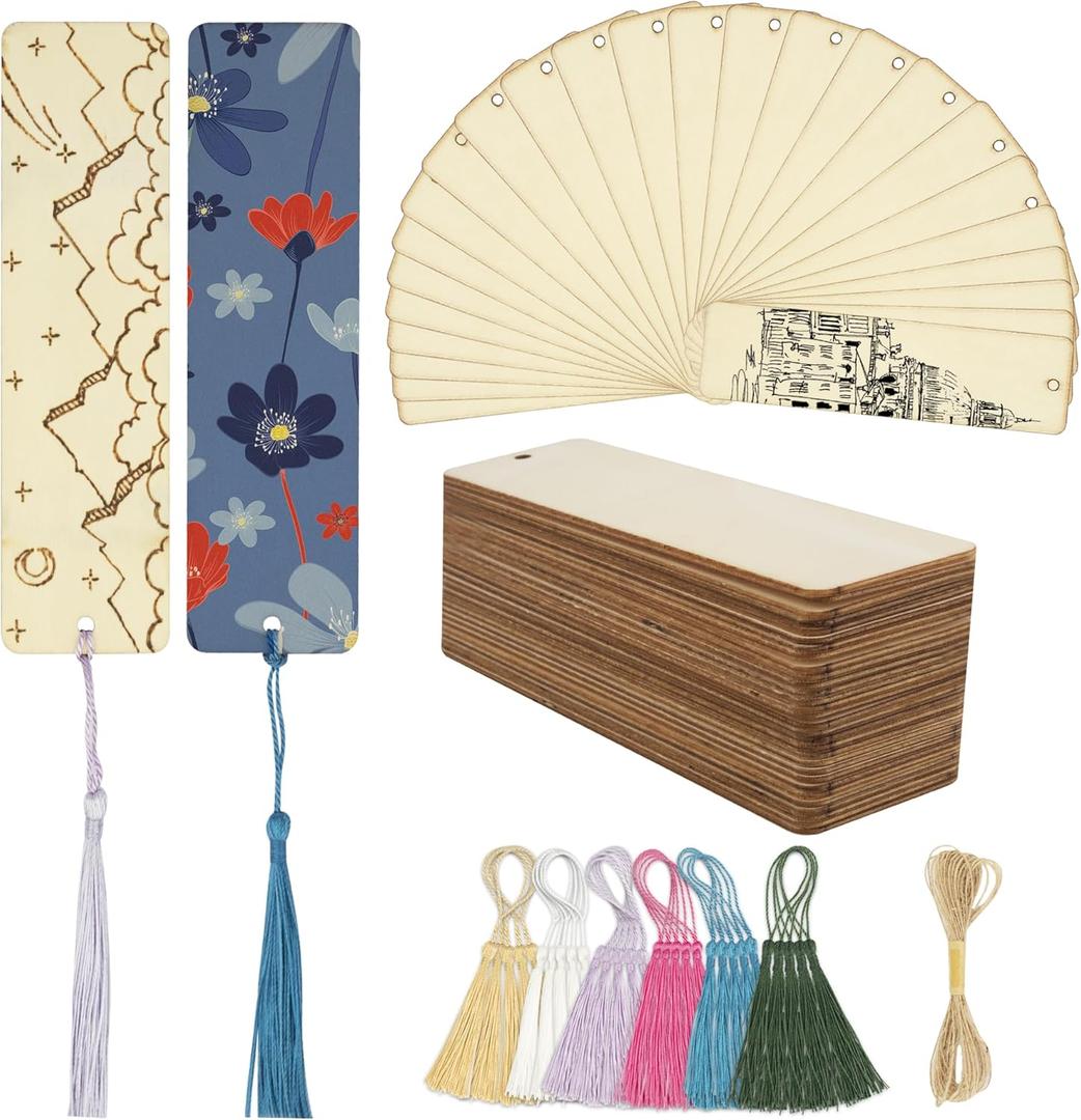SWATOM Wood Bookmarks Blank DIY Wooden Bookmark Craft Bulk 30 PCS Unfinished Wood Tags Rectangle Shape Ornaments with Holes and Tassels for Wedding Party Birthday Decoration