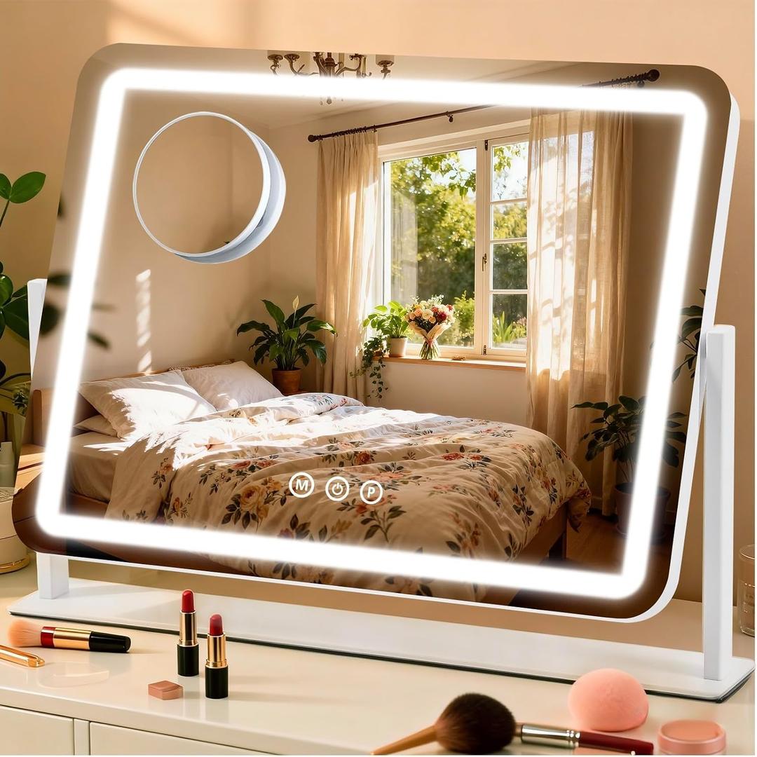 ViKert Vanity Mirror with Lights, 5X Magnification Spot Mirror, Makeup Mirror with Dimmable 3 Color Lighting, 17.3"L x 14.2"W