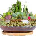 ARTKETTY Succulent Pots - 7.5 Inch Large Plant Pot with Bamboo Tray, Shallow Bonsai Pots with Drainage, Ceramic Planter for Indoor Plants, Cactus, Home Office Desk Decor