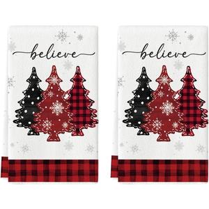 Artoid Mode Red Pine Trees Merry Christmas Kitchen Towels Dish Towels, 18x26 Inch Holiday Believe Xmas Winter Decoration Hand Towels Set of 2