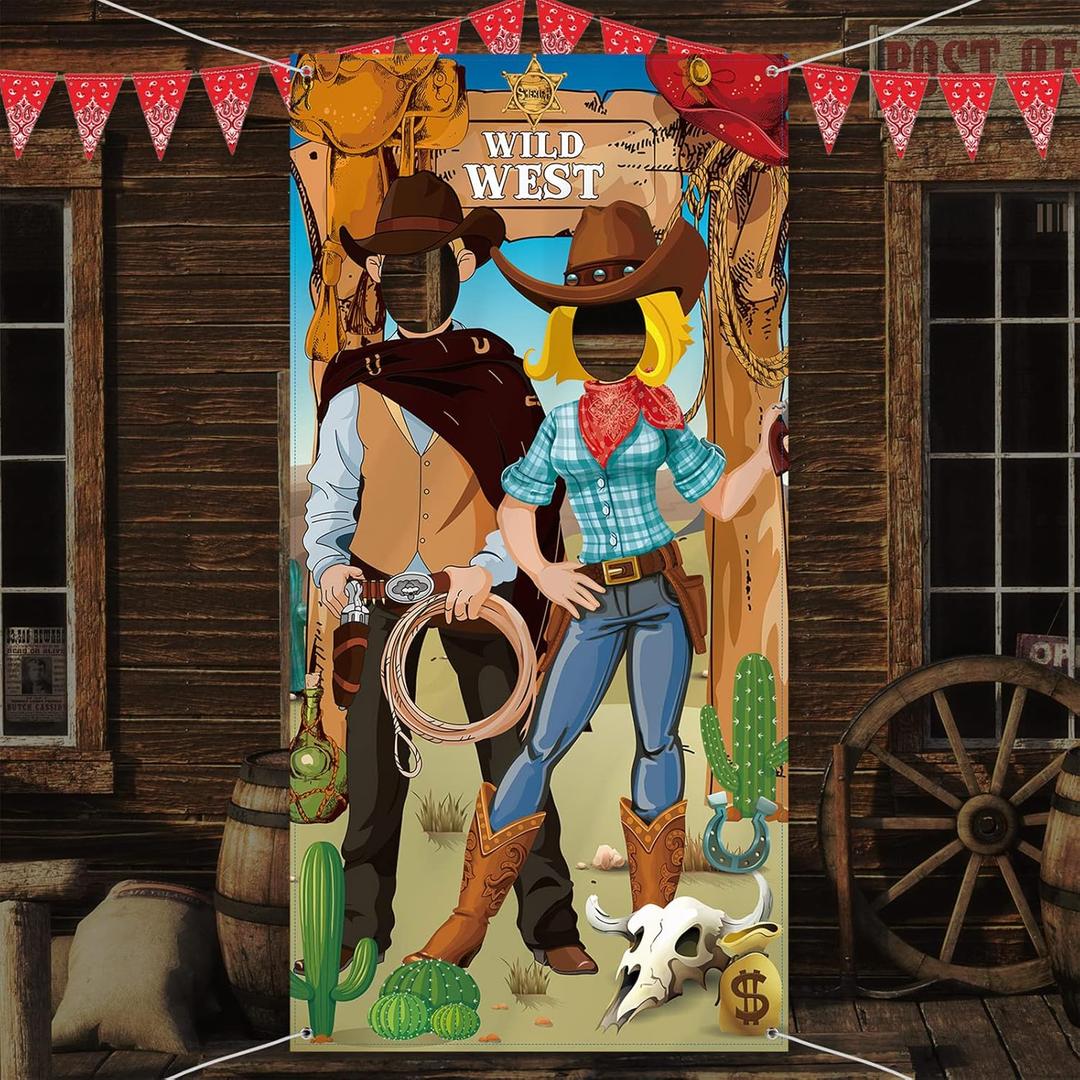 Blulu Western Cowboy Party Decorations - 6 x 3 ft Fabric Photo Booth Props Background & Door Banner with Funny Games Supplies for Birthday, Cowboy Theme Events Rustic Backdrop