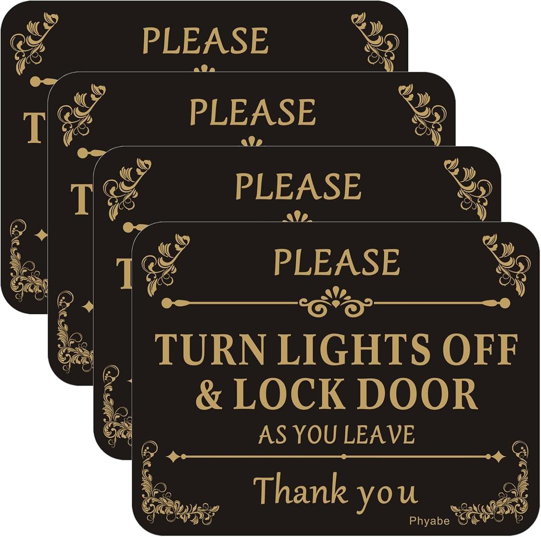 4 PCS Turn Lights off & Lock Door Sign, 5 x 4 Thick Acrylic Self-Adhesive Sign, Ideal for Restaurants, Bars, Hotels, and Airbnb, Easy to Install