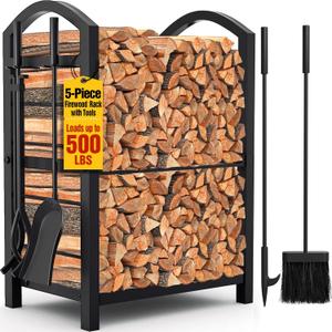 AMAGABELI GARDEN & HOME Firewood Rack Indoor with Tools 5-Piece Fireplace Tools Set Wood Holder Outdoor Wrought Iron Log Holder Heavy Duty Firewood Storage Rack for Fireplace,Fire Pit,Wood Stove Black
