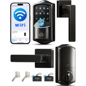 Veise VE027-L Built-in WiFi Smart Lock with Handles, Fingerprint keyless Entry Door Lock Set, App Remote & Voice Control, Electronic Deadbolt for Front Door, Touchscreen Keypad, Auto Lock, Matte Black