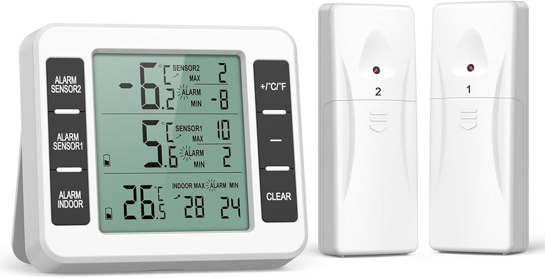 ORIA Refrigerator Thermometer, Wireless Digital Freezer Thermometer with 2 Sensors, Indoor Outdoor Thermometer, Audible Alarm, Min and Max Display, LCD Display for Home, Restaurants (White)