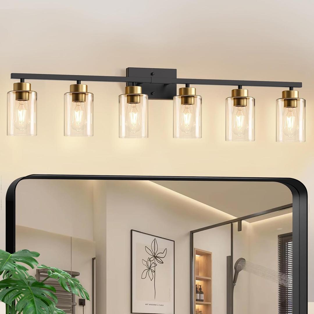 IZORRO Bathroom Light Fixtures, Modern Vanity Lights, Bathroom Lighting Fixtures Over Mirror with Clear Glass Shade, Wall Sconce for Living Room Cabinet Bedroom (Black and Gold, 6-Light)