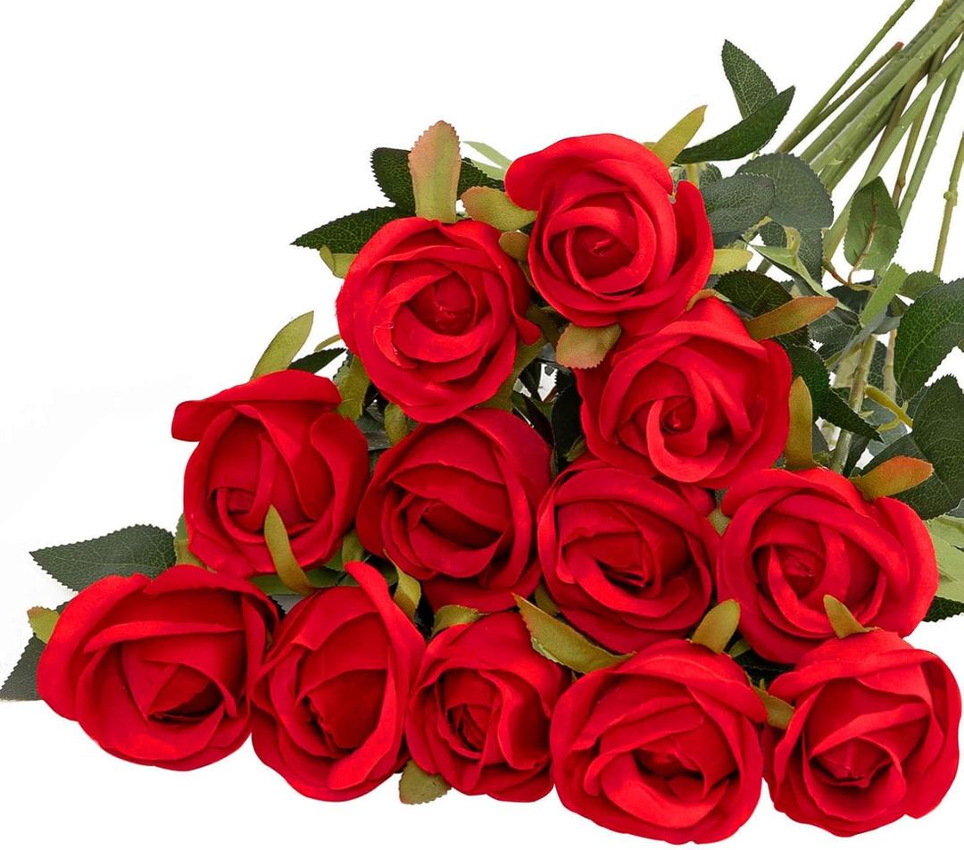 Veryhome Artificial Red Flowers Silk Roses Fake Bridal Wedding Bouquet for Home Garden Party Floral Decor 10 Pcs (Rose Bud - Red)