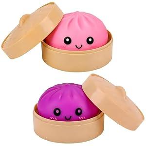 Binkahui 2 PCS Fuchsia Purple Mystery Dumpling Squishies with Steamer Box, Soft Stretchy Bao Bun Stress Relief Balls, Sensory Fidget Squeeze Toys for Anxiety Relief, Decompression Desk Toys