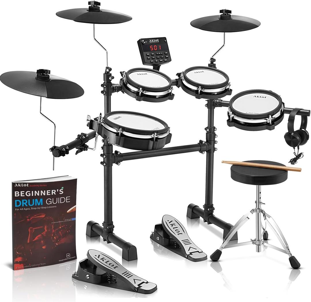 AKLOT B-CORE530 Electric Drum Set: Dual-Zone Quiet Mesh Drum Pads, 10 Dual-Trigger Cymbals, Height-Adjustable Rack, 360 Sounds, USB MIDI, Lesson Book, Throne, Sticks, Headphones (EVO)