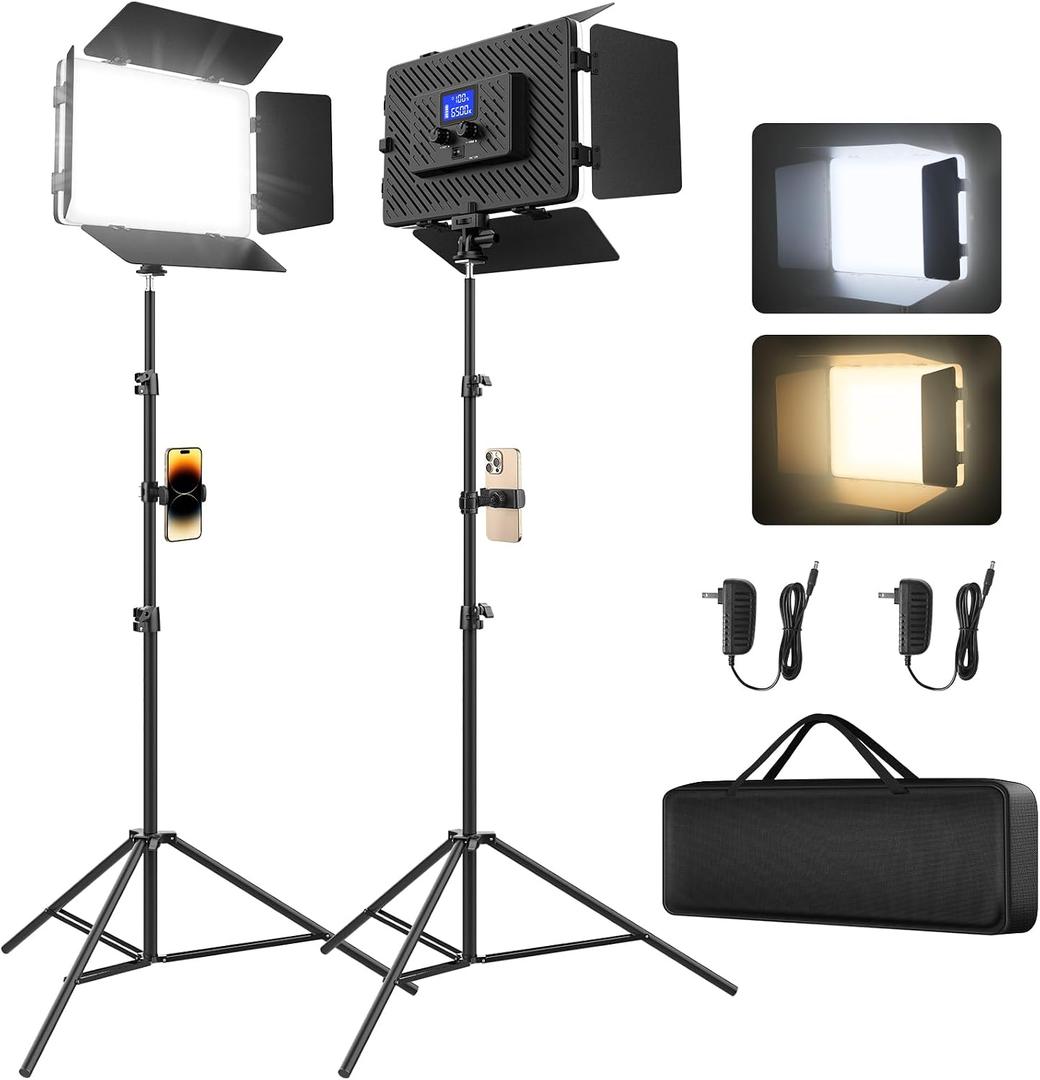 Unicucp 2 Pack Led Video Light Panel Light with Barndoor, 8000mAh Rechargeable Camera Light with 79'' Stand, Photo Studio Lighting kit for Video Recording Live Streaming Outdoor Indoor Photography