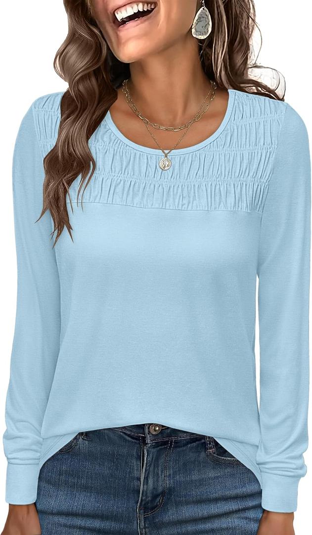 ANRABESS Women Shirts Long Sleeve Crewneck Smocked Tunic Tops with Leggings Dressy Casual T-Shirt Business Work Blouses (Blue, L)