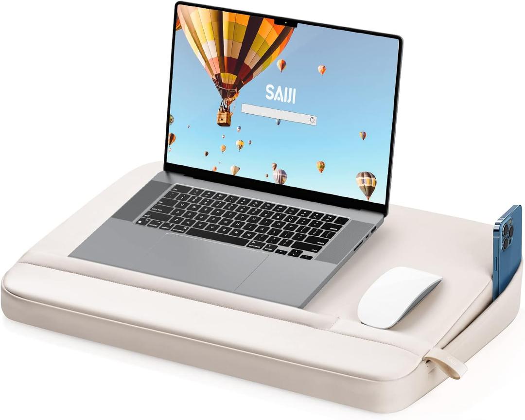 SAIJI Laptop Lap Desk with Pillow Cushion, Ultra Lightweight Portable Computer Stand Desk for Couch, Bed & Chair, Fit up to 17 Laptop & MacBook Air with Side Pocket, Rails for Airflow (Large)