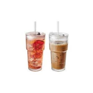 SUROQUE 20oz Ribbed Glass Tumblers with Lid & Straws
