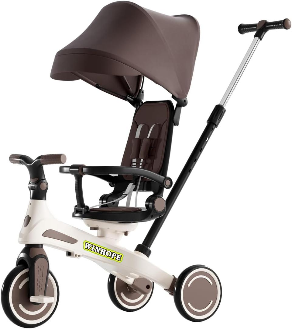 Winhope Kids Tricycle, 5 in 1 Baby's Tricycle Toddler Trike with Adjustable Push Handle, Reversible Seat and Canopy, Baby Stroller for 1-6 Year Olds, Suitable for Outdoor Activities (Coffee)