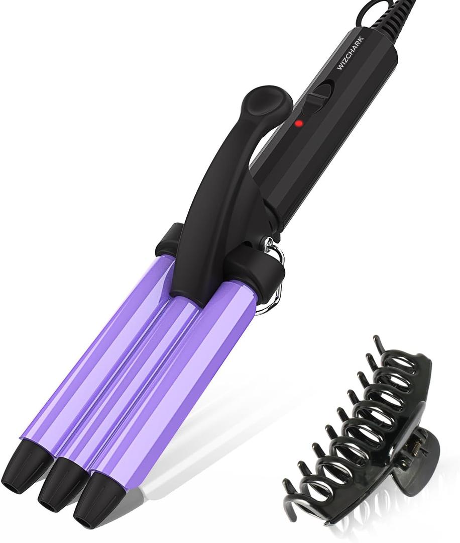 Hair Iron, 1/2 Inch Mini Crimper for Women Beach Waves, Hair Waver 3 Barrel Curling Iron with Ceramic Tourmaline, Dual Voltage Waver Curling Iron for Travel, Purple