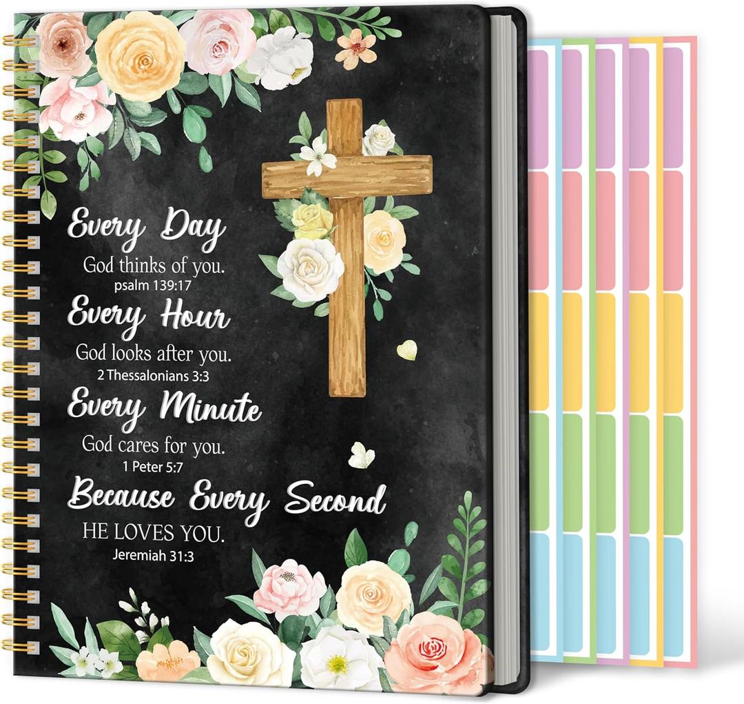Xqumoi A5 Flowers Religious Black Hardcover Spiral Notebook with Bible Tabs - Cross Floral Christian Bible Verse Ruled Hardbound Journal Book Labels Index Christmas Gift Sunday School Office Supplies