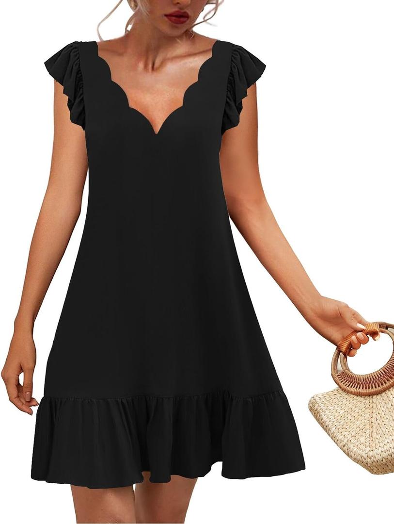 ETCYY NEW Womens Summer Dresses Ruffle Sleeve Mini Dress Seashell V Neck Beach Cover Up Sundresses (Medium, Solid Black)