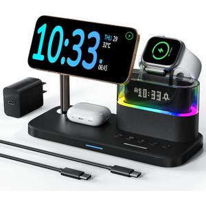 5 in 1 Wireless Charger with Alarm Clock for Apple Multiple Devices,Bedside Night Light Nightstand Mag-Safe Charging Station for iPhone 16/15/14/13/12,Apple Watch,Air-Pods(Black)