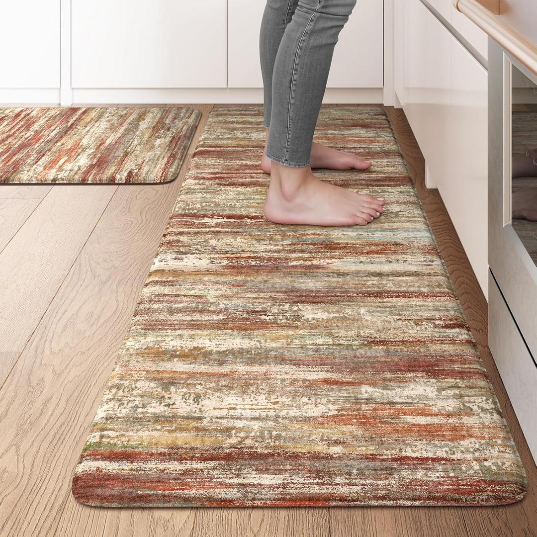 KIMODE Anti Fatigue Kitchen Mats for Floor 2 Piece, Red Brown Farmhouse Kitchen Rugs Non Slip, Ergonomic Cushioned Standing Mat for Office Sink Laundry Desk 17"x47"+17"x29" (20" x 47"+20" x 32"--0.47 inches, Red Brown/Multi)