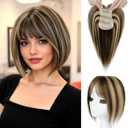 REECHO Human Hair Toppers with Bangs, Thick Hair Volume Topper Hairpiece for Women Real Human Hair Extensions for Daily Wear, Chestnut Brown with Highlights
