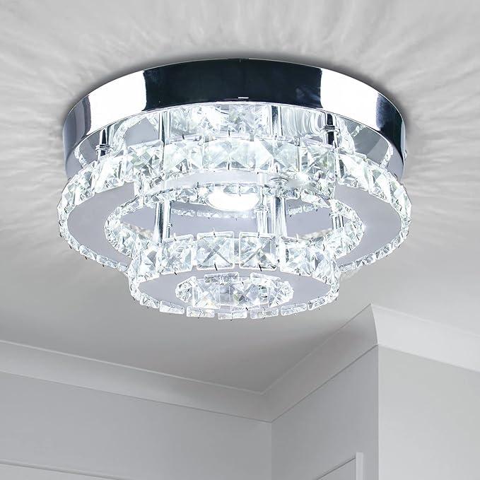 Modern Crystal Flush Mount Chandelier Two Layers Crystal Chandeliers LED Ceiling Light Fixture Mini Chandeliers with Crystals Hallway Light Bedroom Chandelier for Bathroom Kitchen Office