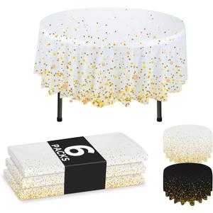 NORZEE 6-Pack White Disposable Plastic Tablecloths, 84" Plastic Table Cloth, Round Table Cover Gold CONFETY (6, White Gold)