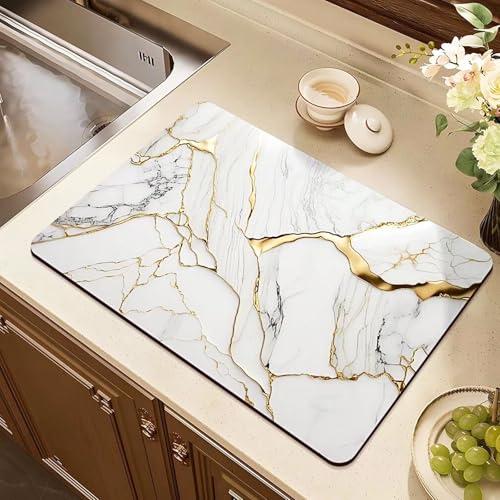Coffee Mat or Dish Drying Mat Super Absorbent Drying Marble pattern Mat, Fit Under Coffee Maker Espresso Machine Absorbent Hide Stain Rubber Backed Dish Drying Mat for Kitchen Counter (12″x 20″white)