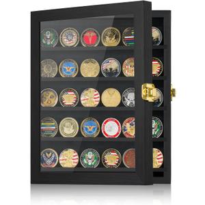 Military Challenge Coin Display Case 11x14IN, Medal Shadow Box with HD Acrylic Glass, Removable 2 Groove Shelves, Wall Mount Coin Collection Holder for Casino Poker Chips Exquisite Souvenirs (Coin Case L)