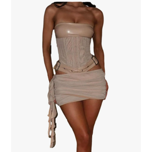 Sexy Two Piece Outfits for Women Off the Shoulder Leather Tube Top High Waist Ruched Mini Skirt Set Vacation Outfits, Size Medium