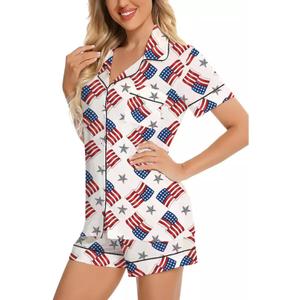 RUEWEY Women Satin Pajamas Set Star Print Buttton Down Shirt With Chest Pocket Shorts Lounge Set Sleepwear (Large, Red)