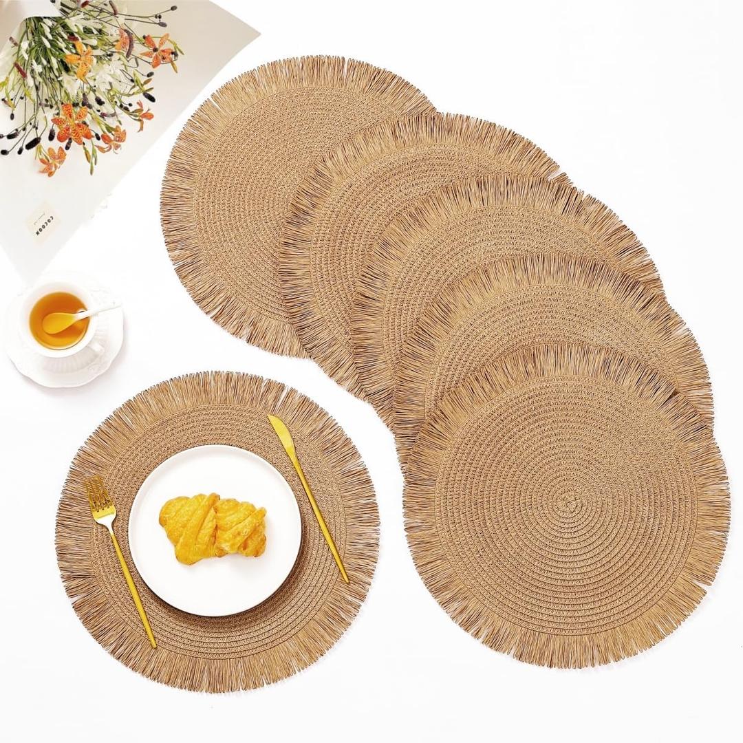 IcosaMro Light Brown Round Placemats Set of 6 for Dining Table, 15 Inch Khaki Paper Woven Boho Decorative Circle Place Mat for Wedding Christmas Thanksgiving Day Holiday Dinner