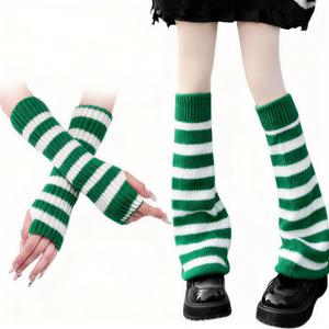 Leg Warmers for Girls Striped Arm Warmers Knitted Kawaii Striped Legs and Arm Warmers Set Accessories Women (White and Green)